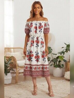 ​Boho Floral On/Off Shoulder Midi Dress with 15.5" Split  Boho Vacation Wear L